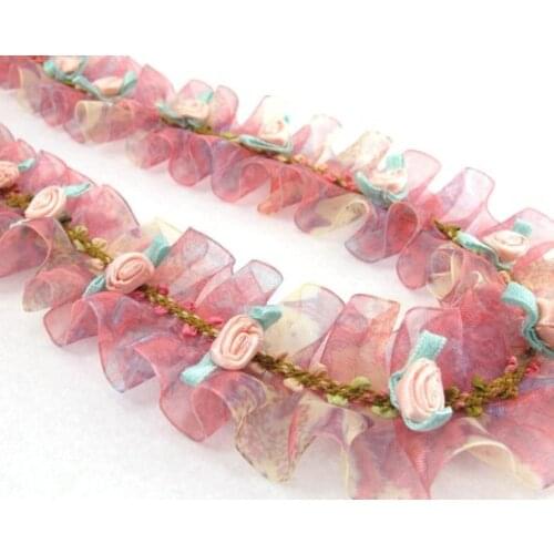 Pleated Trim|w Rococo Flower Trim|1 1/2 Inches Pleated Ombre Printed Chiffon Trim|Organza Chiffon Trim|Retro Handmade Supplies