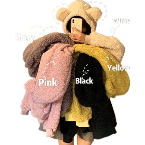 Autumn Winter Women Fake Lambswool Pullover Warm Thicken Hoodies Bear Ears Kawaii Hooded Sweatshirt Loose Casual Fleece Outwear