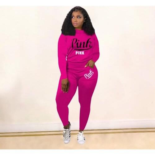 Autumn Winter Tracksuit Set For Women Pink Letter Print Long Sleeve Top Long Pants Two Piece Set Casual Sporty Outfits Sweatsuit