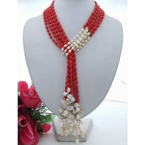 51" 3Strds Keshi Pearl Coral Necklace