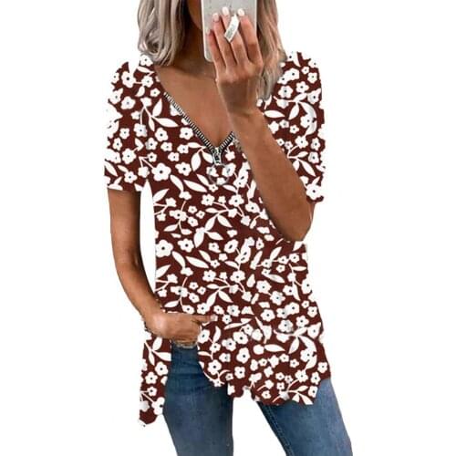 Plus Size Women Tshirt Elegant Floral Print Zipper V Neck Female Tee Shirt Summer Short Sleeve Oversized T-shirt Office