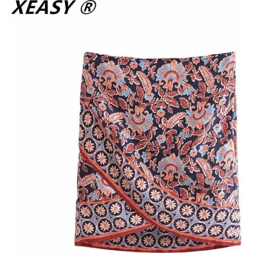 XEASY Women 2021 Vintage Position Totem Flower Print Sarong Skirt Faldas Mujer Female Side Bow Tied Wrap Slim Mini Skirt