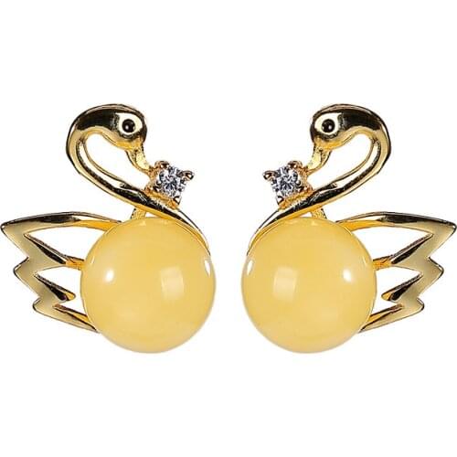 S925 sterling silver gold-plated natural amber amber stud earrings retro cute personality natural womens earrings