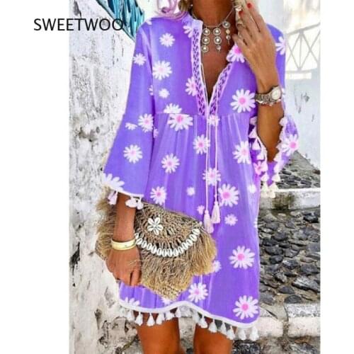 Vintage Women Floral Print A-Line Party Dress Spring Autumn V Neck Lace Up Tassel Mini Dress Elegant Long Sleeve Ladies Dresses