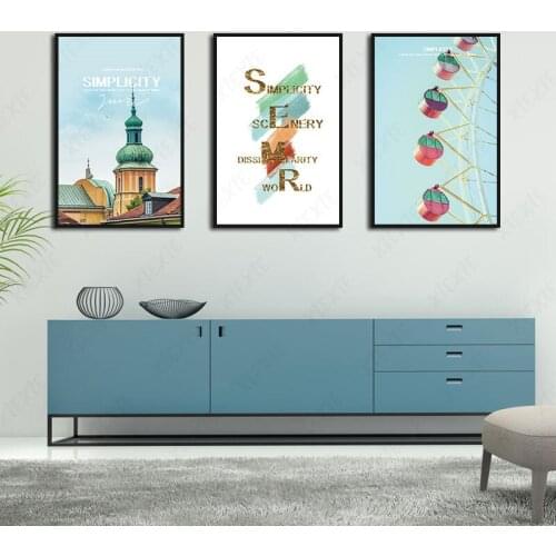 Abstract Wall Art Paintings Colorful Cartoon Castle Ferris Wheel Golden Letters Canvas Posters Prints for Living Room Decoration