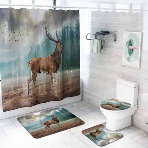Abstract Deer Pattern 4 Pcs/Set Shower Curtain Bath Rug Set Toilet Cover Bath Mat Set Bathroom Accessories Curtains with Hooks