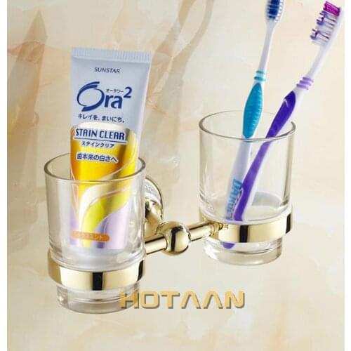 Gold Color Tumbler Holders Double Glass Cup Holders Wall-mount Toothbrush Tooth Cup Holders Bathroom Accessories Hardware