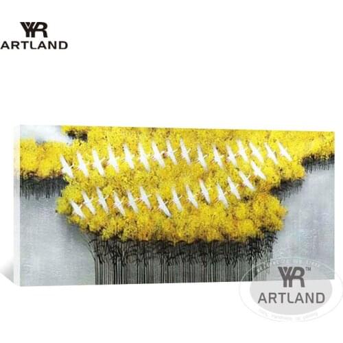 Cheap Pure Handmade canvas Abstract oil painting Yellow trees and birds wall art picture for living room home decor no framed