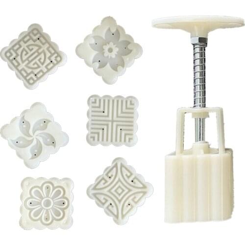 DIY Bakeware 50g Mooncake Mold 6 Square Flower Stamps Cookie Cutter Hand Press Green Bean Cake Pastry Mould