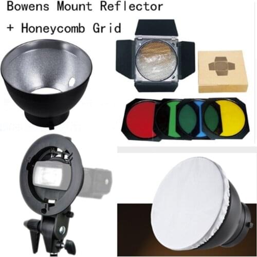 Godox Bowens Mount Reflector + BD-04 Barn Door Honeycomb Grid +4 color Filter +White diffuser +S-type Bracket Holder for AD200