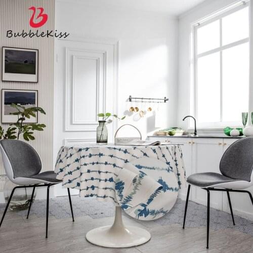 Bubble Kiss Cilected Navy Blue Striped Printed Round Tablecloth Nordic Ins Simple Cotton And Linen Home Cover Cloth Decoration
