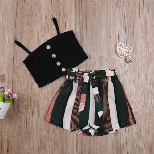 Summer Fashion 2 Pieces Kids Suit Set Solid Color Sleeveless Spaghetti Strap Top+ Striped Shorts For Girls Black 1-6 Years