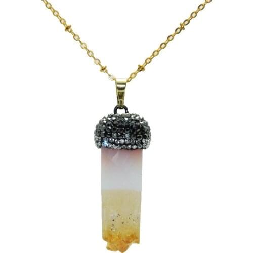 Fashion Boho Jewelry rhinestone paved natural raw cluster stone necklace girl yellow crystal quartz geode druzy pendant necklace