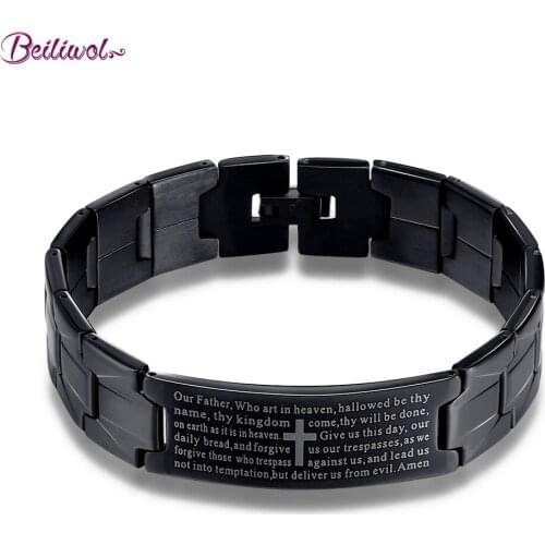 Bracelets for Men Religious Jewelry Scripture Jesus Cross Fashion Stainless Steel Bangle Gun Black Male Gift Vintage Jewellery