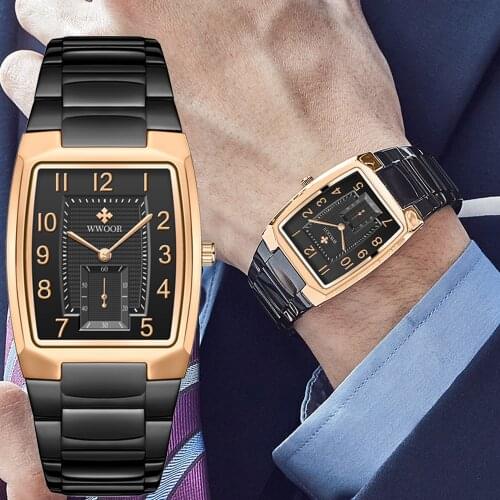 Mens Watches WWOOR 2021 Square Stainless Steel Luxury Quartz Wrist Watch Men With Running Seconds Waterproof Clock Reloj Hombre