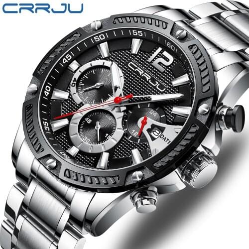 2020 Top Brand CRRJU Mens Watches Luxury Military Waterproof Stainless Steel Quartz Watch Calendar Chorongraph Relogio Masculino