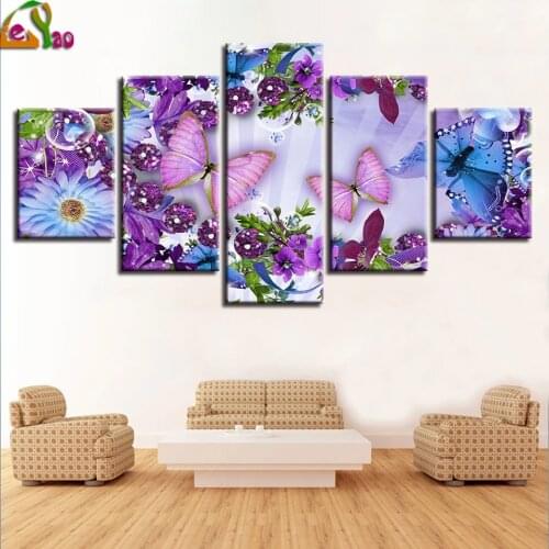 Butterflies Flowers diamond embroidery,Multi-Panel painting full round drill 3d cross stitch mosaic diamond painting 5 pieces