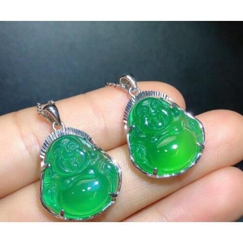 925 Silver Inlaid Natural Green Buddha Pendant Female Emerald Jade Necklace Wholesale