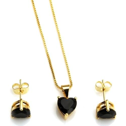 Funmode 2PCS Gold Color Heart Shape CZ Pendant Necklace Jewelry Sets For Women Wedding Bridal Accessories Wholesale FS76