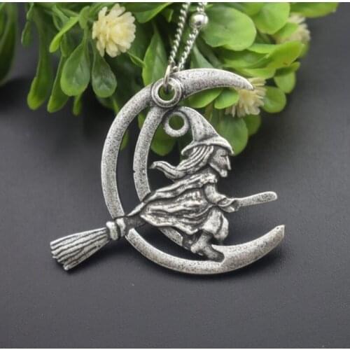 Crescent Moon Broom Witch Necklace Halloween Jewelry Gift For Mother Women