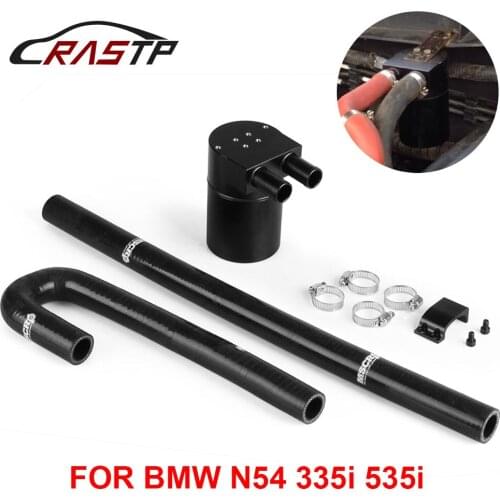 RASTP-Black Aluminum Oil Catch Can Tank With Radiator Silicone Hose for BMW N54 335i 135i E90 E92 E82 2006-2010 Engine RS-OCC016