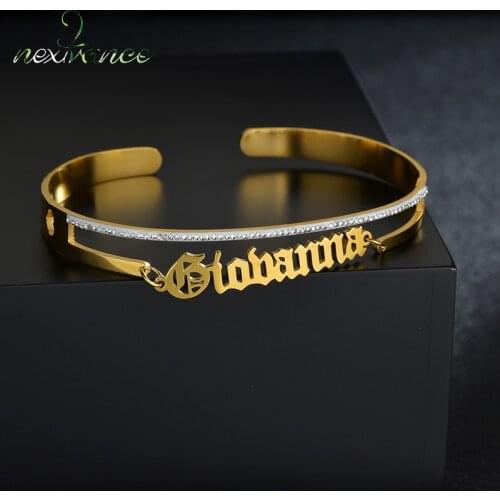 Nextvance Stainless Steel Customized Name Adjustable Zircon Bracelet Gold Personalized Rhinestone Bangles for Lovers Jewelry