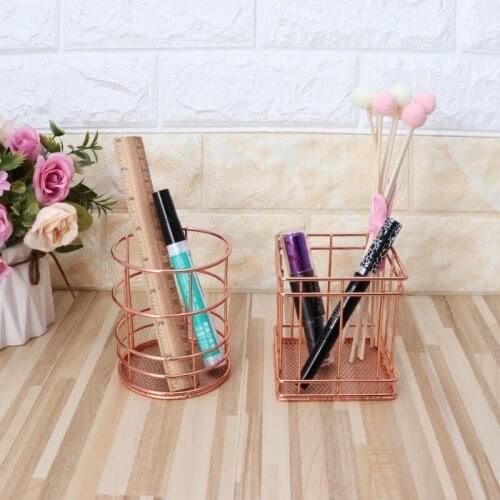 Rose Gold Metal Pen Holder Box Case Desk Stationery Office School Desk Supplies