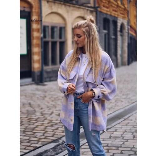 Stylish Sweet Plaid Woolen Shirt Jackets Women Fashion Pockets Turn-Down Collar Check Jacket Cute Girls Chic Coat Streetwear