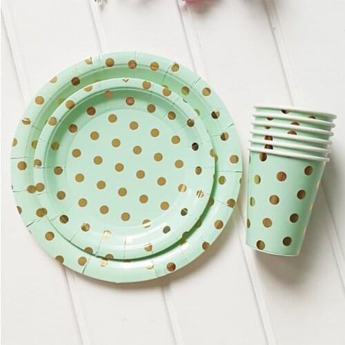 8 Pc Mint Green Foil Gold Dot Birthday Wedding Party Supplies Decoration Cake Dish Disposable Paper Plates Baby Shower Favors