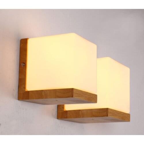 Vintage Wooden Base Wall Light Fixtures Retro Glass Cube Lampshade Bedside Living Room Bedroom Bar Wall Sconce Decoration