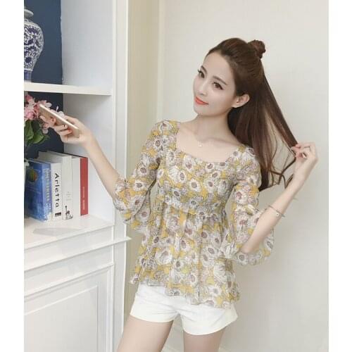 Korean Fashion Blouse Floral 2019 Summer Women Chiffon Blouse Half Sleeve Flare Tops Square Collar woman clothes plus size