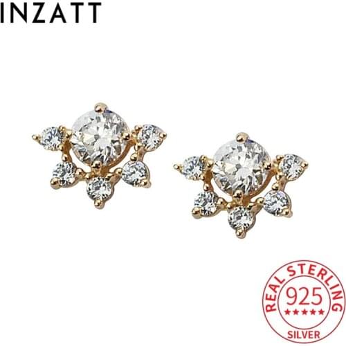 INZATT Real 925 Sterling Silver Zircon Flower 14K Stud Earrings For Women Cute Fine Jewelry Piercing Accessories Drop Shipping
