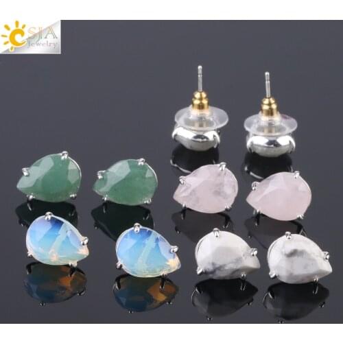 CSJA Water Drop Shape Stud Earrings Silver Color Natural Stone Faceted Pink Quartz Crystal Tiger Eye Healing Jewelry Female G035
