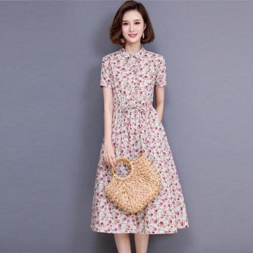 2021 New Summer Women Printing Dress Elegant Short Sleeve Cotton Linen Dresses Bohemian Style Beach Vestidos De for Female B210