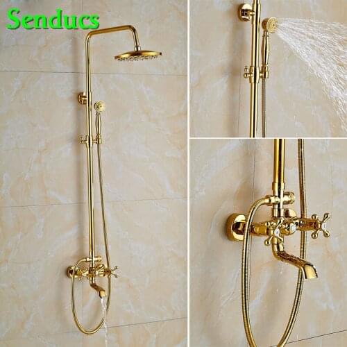 Senducs Dual Handle Gold Shower Set Inwall Mounted Golden Bathroom Shower System with High Quality Brass Gold Shower Set