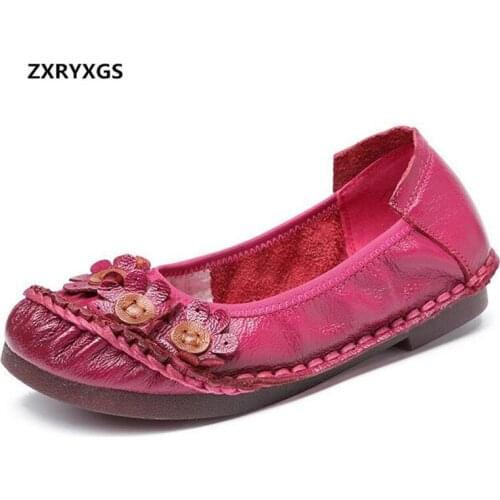ZXRYXGS Brand Soft Women Flats Soft Genuine Leather Shoes Womens Shoes 2020 New Elegant Flower Fashion Casual Shoes Flat Shoes