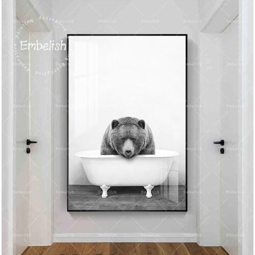 1 Pieces Black And White Cute Bear Animal In The Bathtub Print Canvas Painting Kids Childrens Living Room Pictures Postes