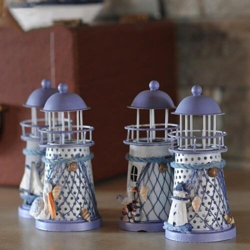 1PCs Creative Candle Holders Mediterranean Lighthouse Iron Candle Candlestick Blue White Candles Rack Stand Home Table Decor