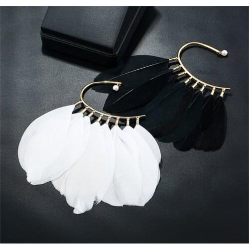 1 PC Unique Unisex Big Feather Ear Cuff Clip Earrings Non Piercing For Women Earless Hang Fashion Jewelry White Black