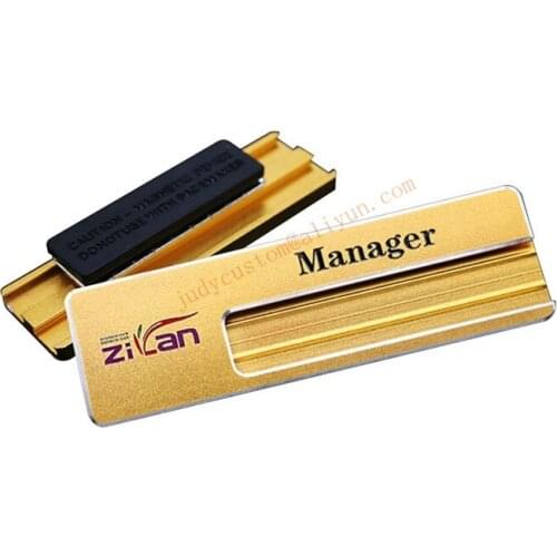 10pcs custom magnet name badge holder ENGRAVED aluminum 65*20mmm reusable employee magnetic name tag