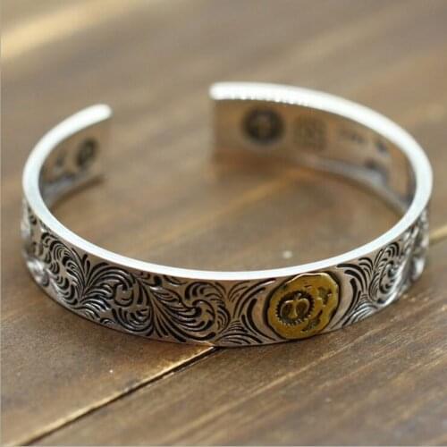 Thai silver personality opening men and women bracelet brass eagle retro New real S925 pure silver tang grass flower bracelet