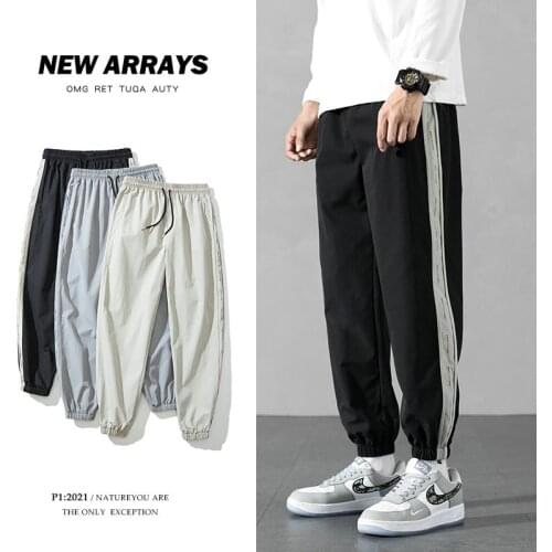 Summer Thin Ankle Length Men Trousers Side Striped Streetwear Track Joggers Fashion Mens Clothing