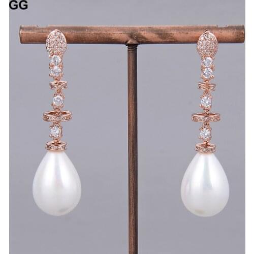 GG Jewelry Natural White Teardrop Sea Shell Pearl Rose Gold Color Plated Chain Earrings For Women Lady Jewelry Gift