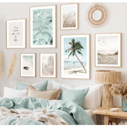 Caribbean Palm Tree Beach Birds Turtle Reeds Corals Wall Art Print Canvas Painting Nordic Poster Decor Pictures For Living Room