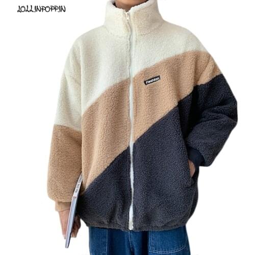 Patchwork Contrast Color Men Soft Polar Fleece Jacket Casual Stand Collar 2020 Winter Zip Up Coat Loose Male Outerwear