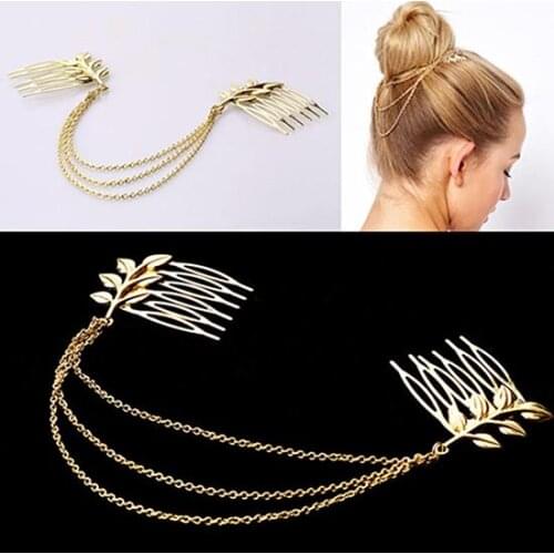 HOT SALES!!! New Arrival Womens Elegant Chic Golden Tone Leaf Branch Layered Hair Chain Comb Headband 2 Hair Combs With 6 Prong