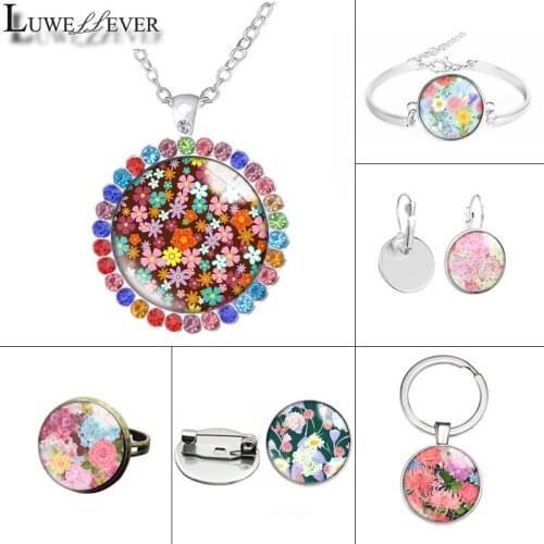 New 594 Flower Glass Necklace Bracelet 30mm 25mm Double Sided Round Glass Cabochon Jewelry For Unisex Charm Pendant