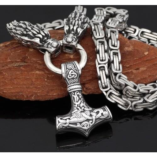 Men Stainless steel Nordic viking wolf head with thor hammer pendant necklace with King chain