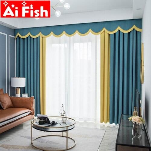 Modern Yellow Stitching Blue Thicker Linen Bedroom Fabrics Solid Window Treatments Blackout Curtains For Living Room Drapes