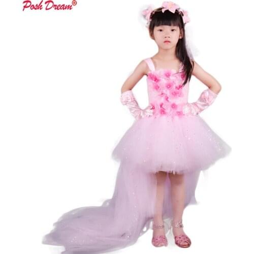 POSH DREAM Kids Pink Sequined Halloween Dresses Children Party Fancy Clothing Long Tail Children Flower Wedding Party Dresses